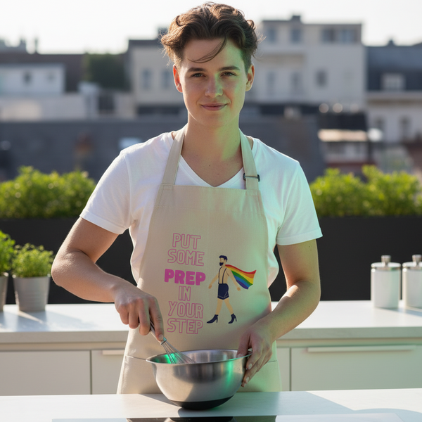 Person whisking in a rooftop kitchen while wearing a beige apron reading “PUT SOME PREP IN YOUR STEP”