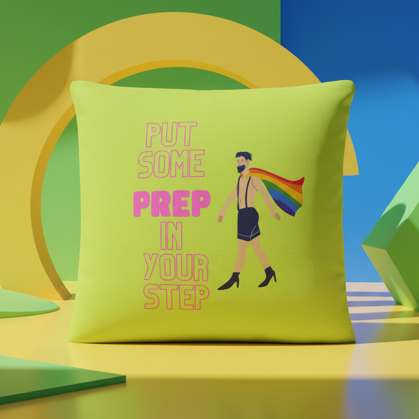 Put Some Prep In Your Step pillow in lime green, pink PREP text, figure in high heels and rainbow cape