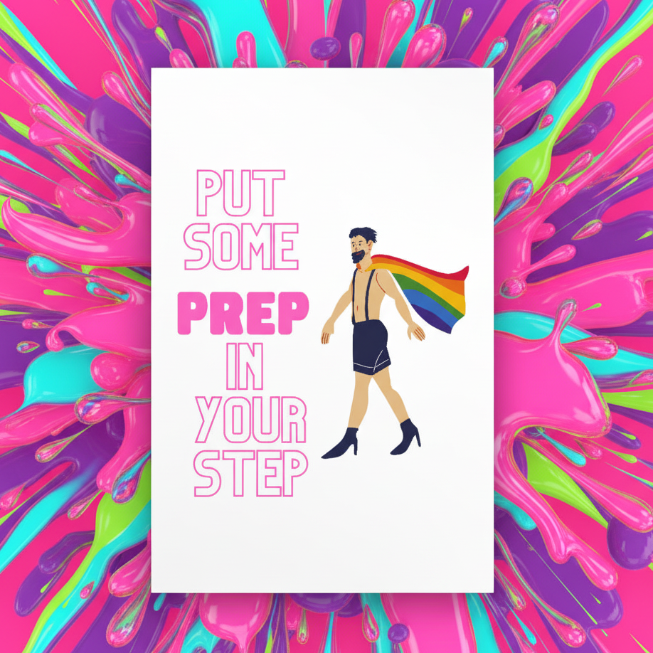 Postcard with bold pink “Put Some Prep In Your Step” text and a bearded queer in a rainbow cape, harness, shorts