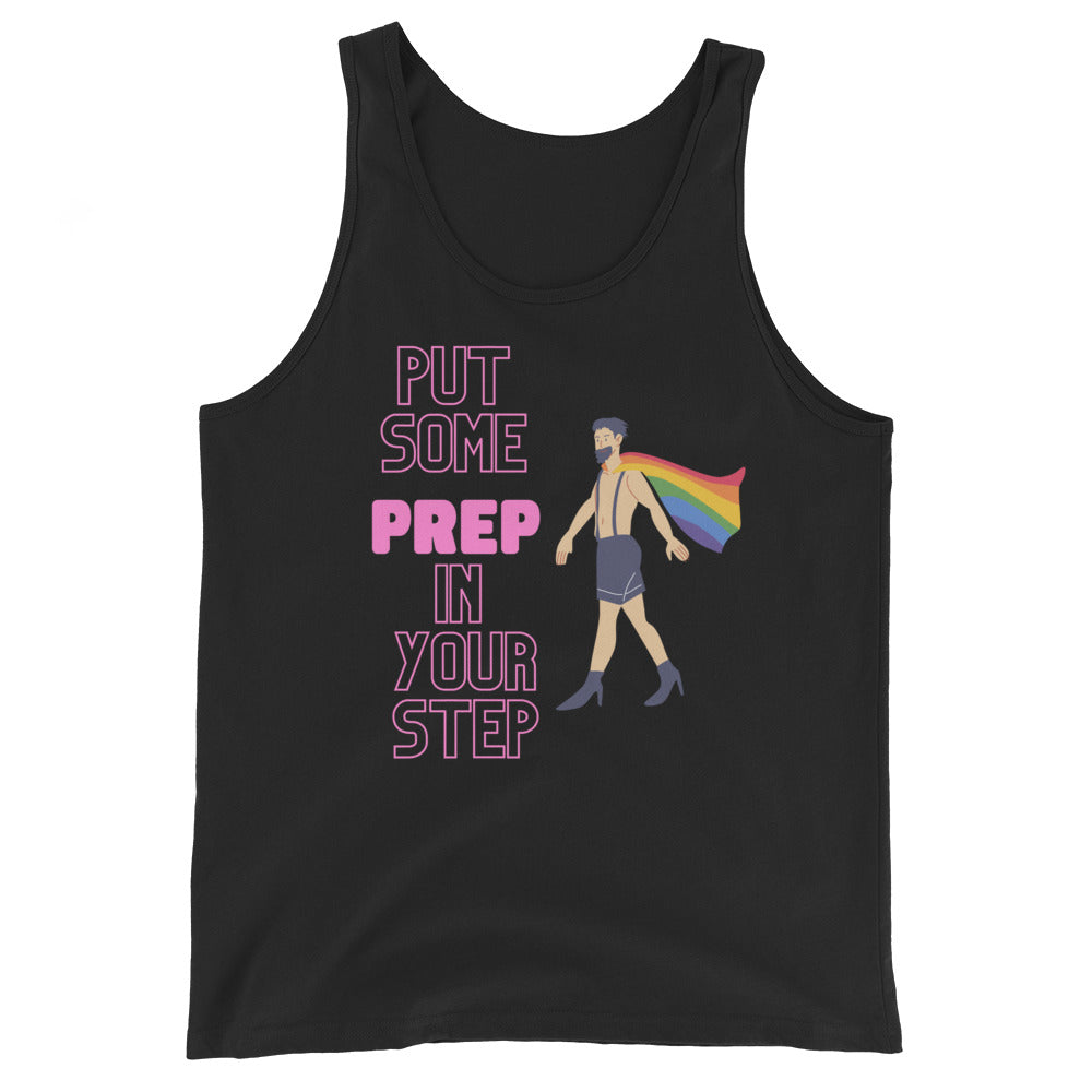 Black tank top with pink “PUT SOME PREP IN YOUR STEP” text and caped figure