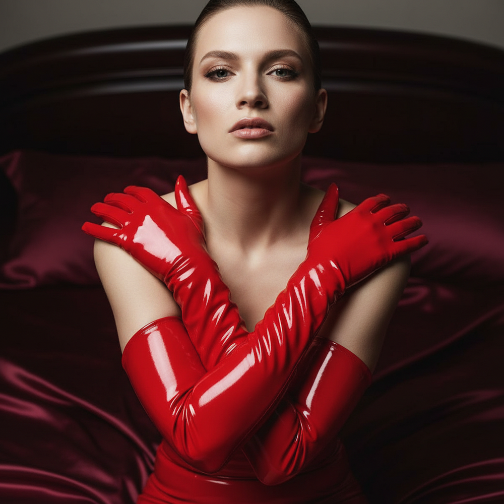 Model wearing glossy red PVC over-elbow gloves with fingers crossed over their chest