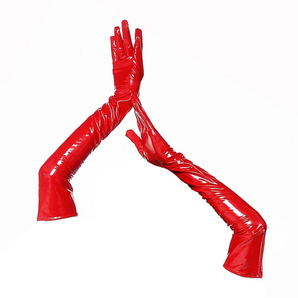 Pair of glossy red PVC over-elbow gloves arranged in a V on a white background