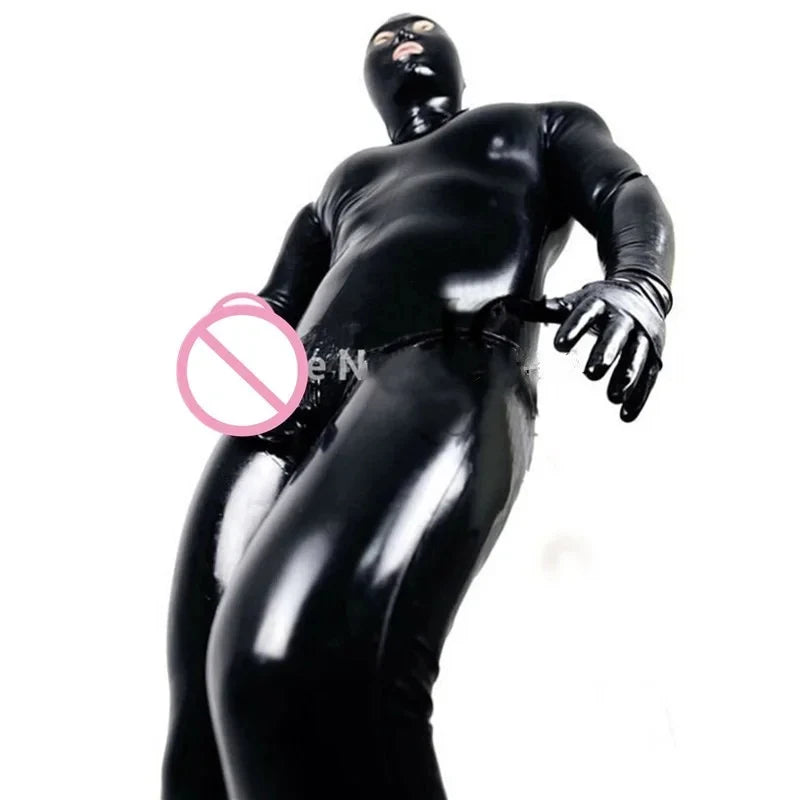 Low-angle view of a person in a glossy black full-body hooded gimp suit and gloves
