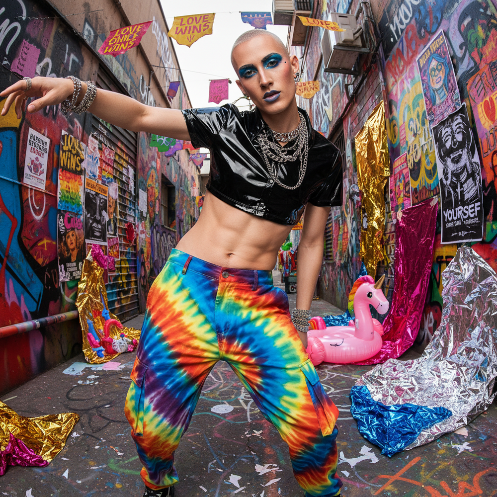 Model wearing a glossy black PVC short-sleeve crop top in a colorful graffiti alley