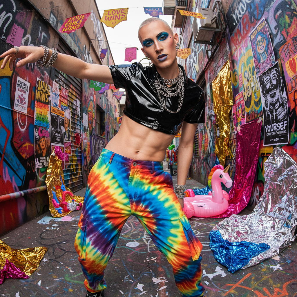 Model wearing a glossy black PVC short-sleeve crop top in a colorful graffiti alley