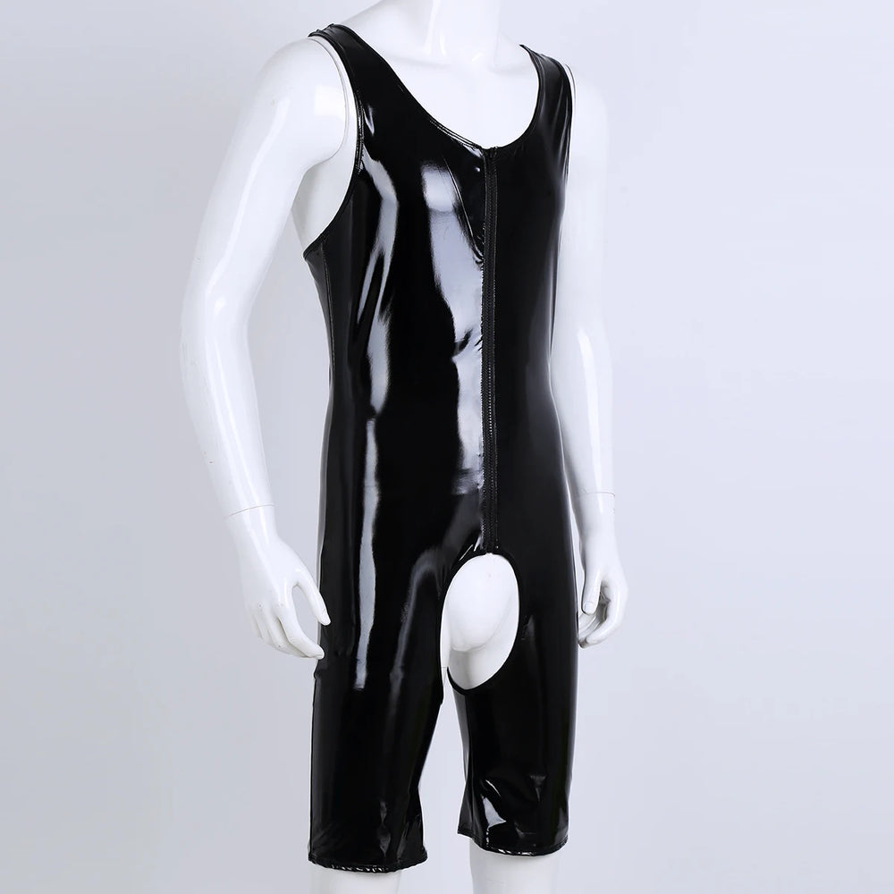 Front view of a black glossy PVC bodysuit on a mannequin, with a front zipper and open crotch