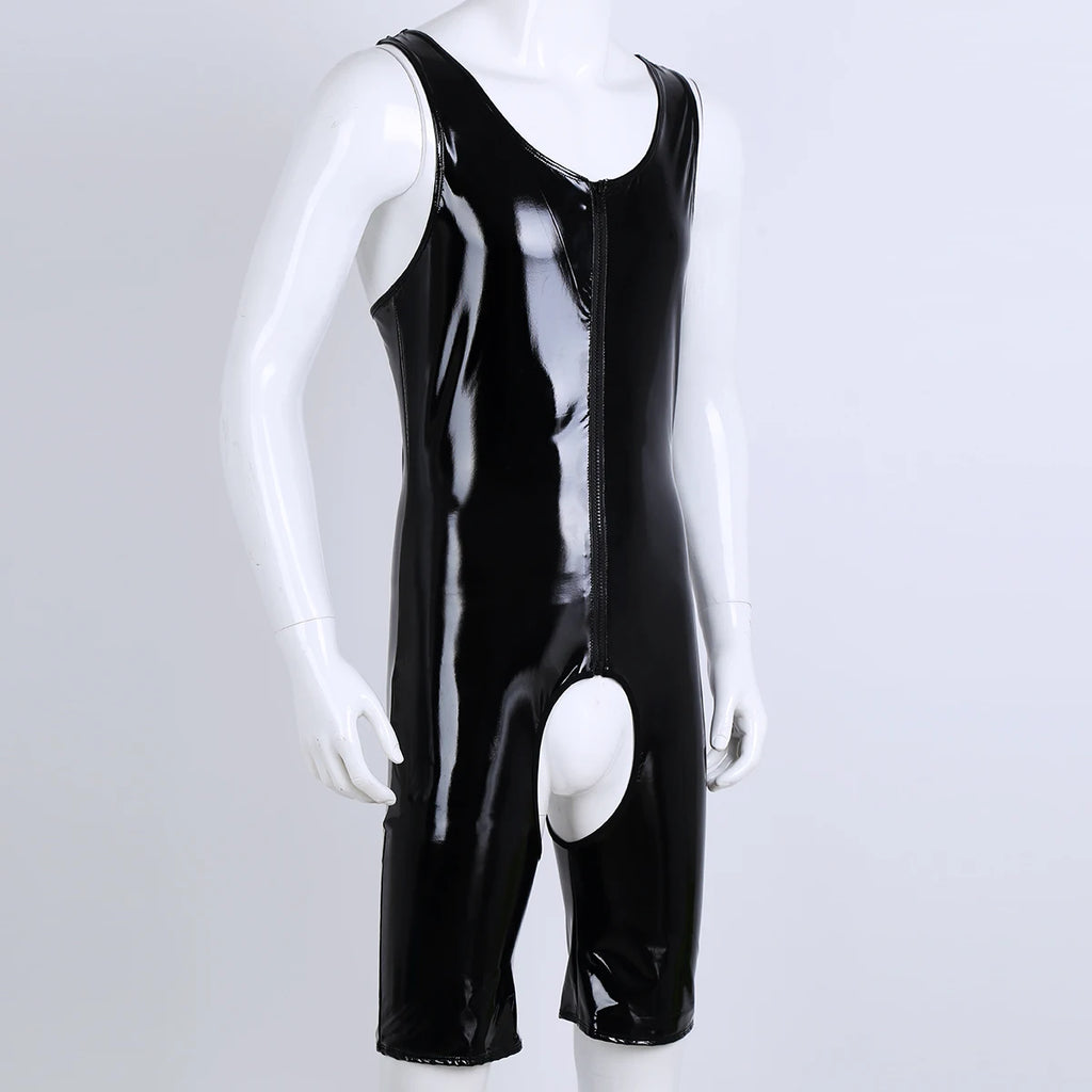 Front view of a black glossy PVC bodysuit on a mannequin, with a front zipper and open crotch