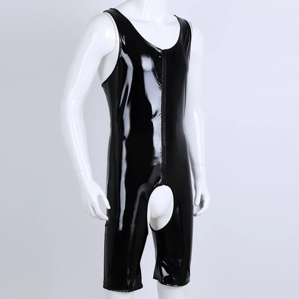 Front view of a black glossy PVC bodysuit on a mannequin, with a front zipper and open crotch