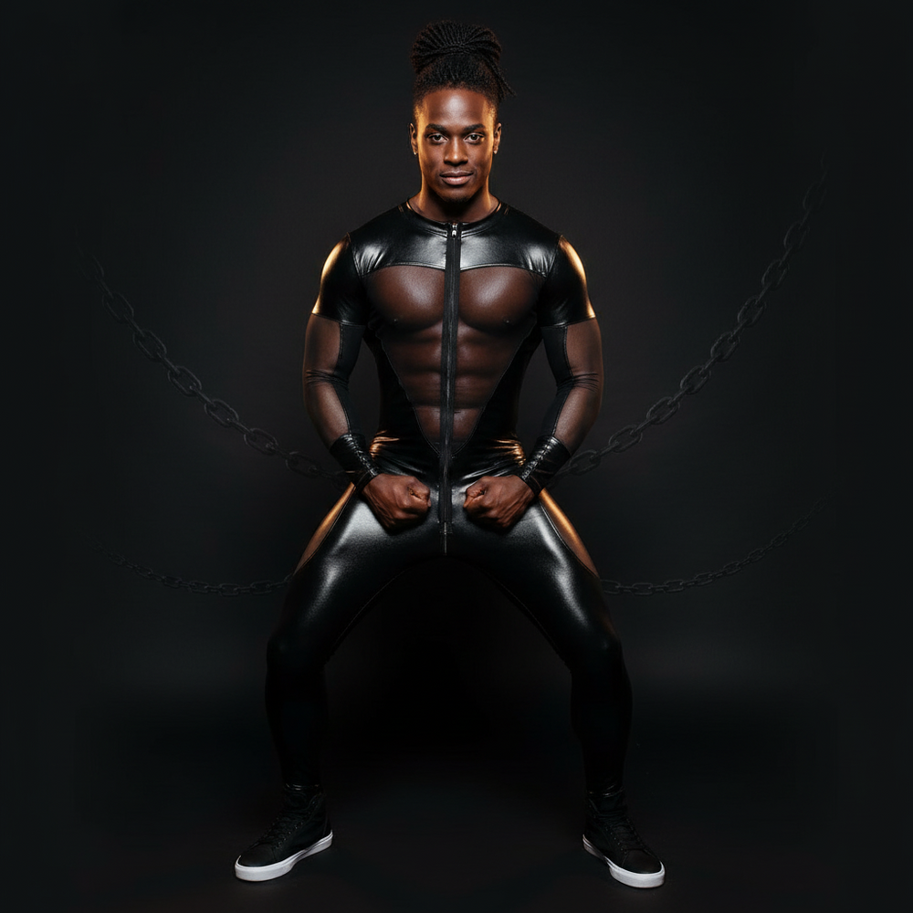 Black faux-leather and mesh kink bodysuit with front zipper, modeled against a dark backdrop