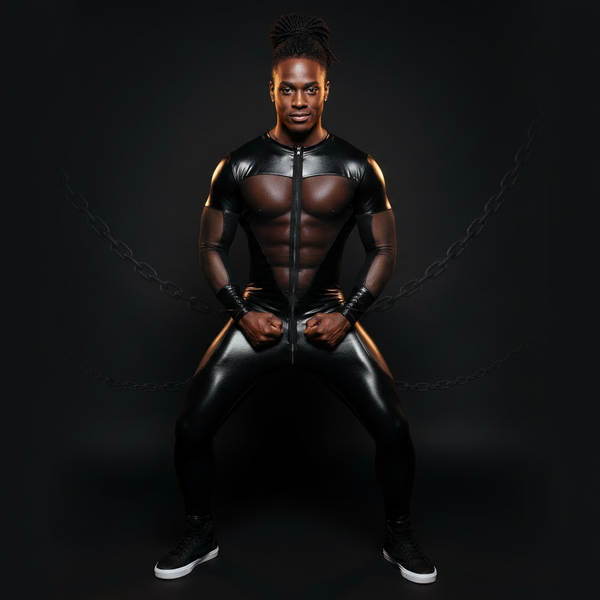 Black faux-leather and mesh kink bodysuit with front zipper, modeled against a dark backdrop