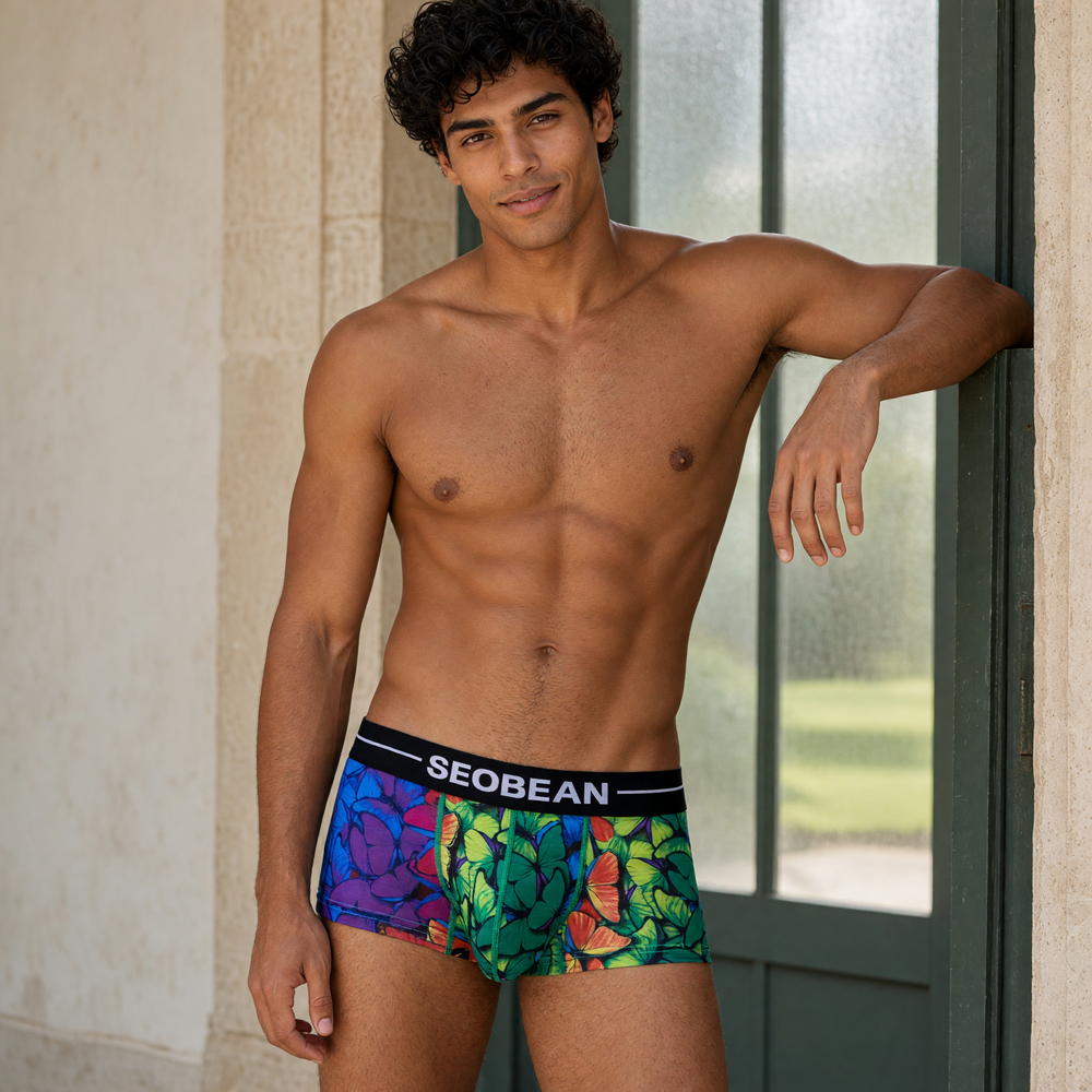 Adult model wearing multicolour butterfly boxer briefs beside a frosted glass door.