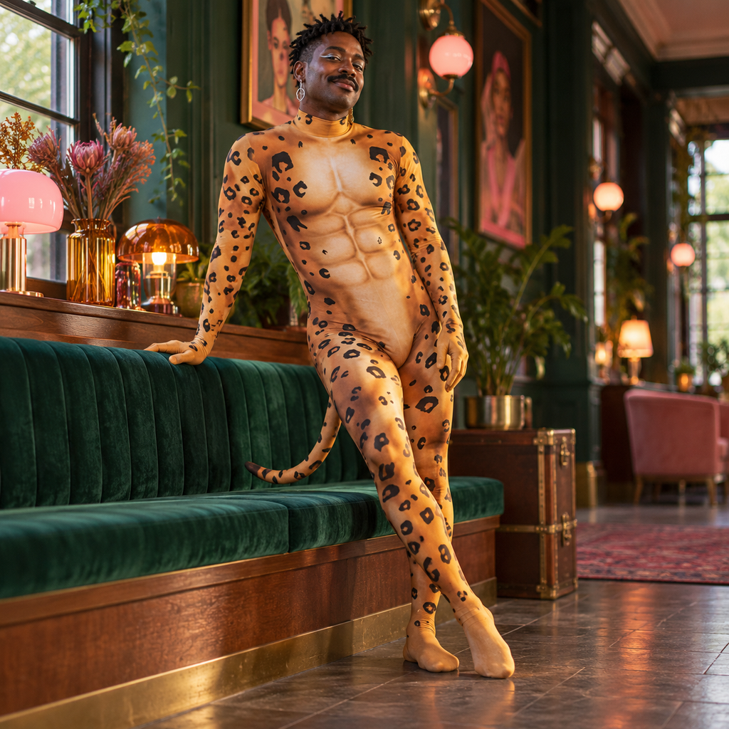 AI-generated editorial: Cheetah Zentai Body Suit With Tail, Single design, faithfully displayed in a colourful fashion setting.