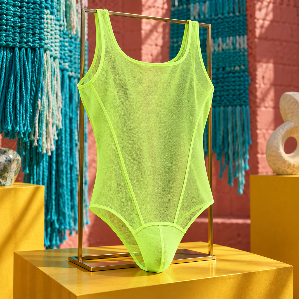 AI-generated editorial: Transparent Temptation Male Romper, Light Green, faithfully displayed in a colourful fashion setting.