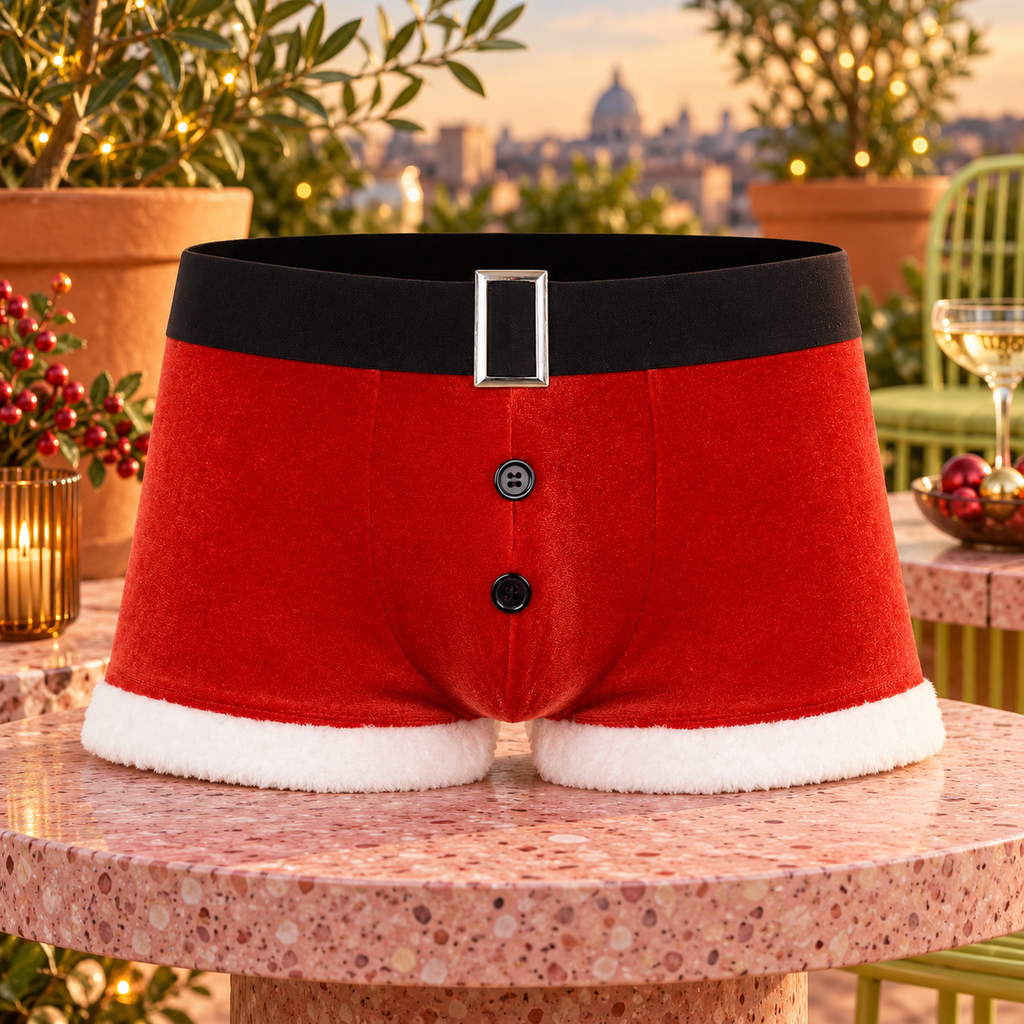 AI-generated editorial: Santa's Sexy Secret Open Crotch Underwear, Red And White, faithfully displayed in a colourful fashion setting.