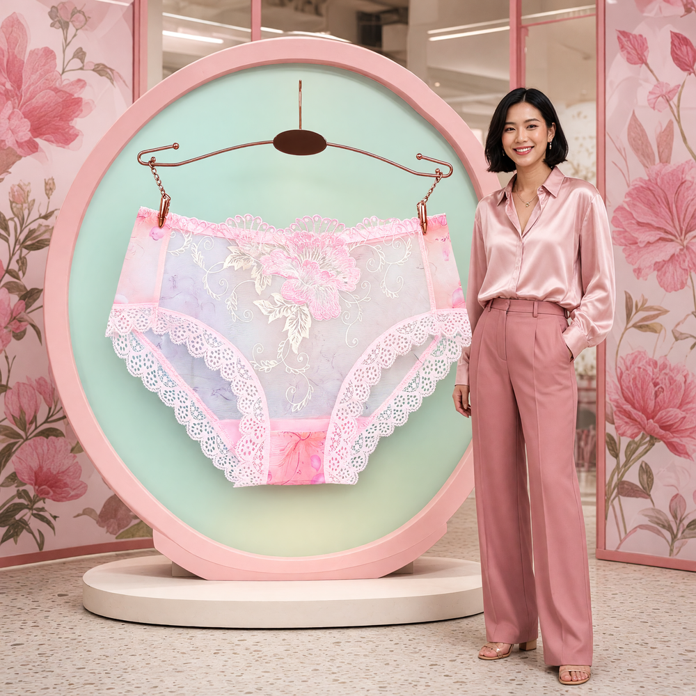 AI-generated stylised product display of Men's Low Rise Flower Lace Mesh Boxer Briefs in Pink, with a fully clothed adult character in a botanical art gallery