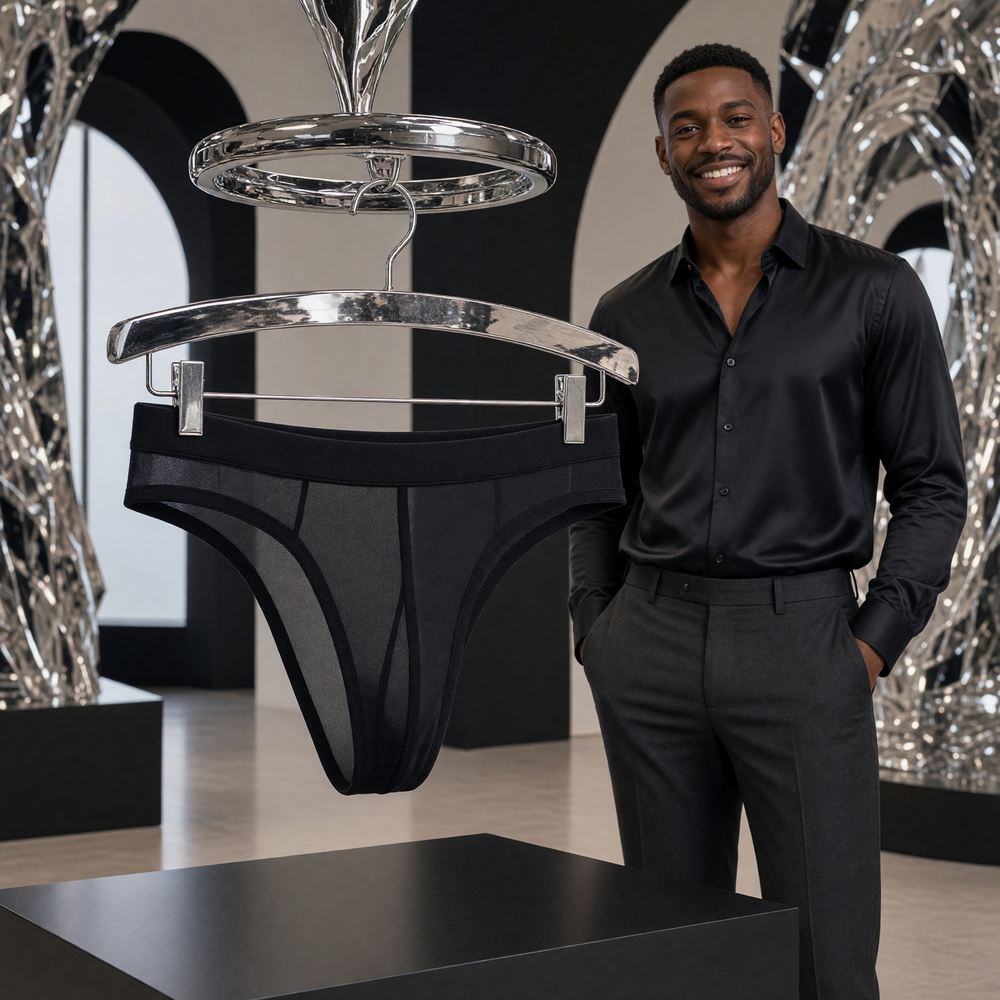 AI-generated stylised product display of Jockmail Ultra-Thin Thong in Black, with a fully clothed adult character in a colour-coordinated art gallery