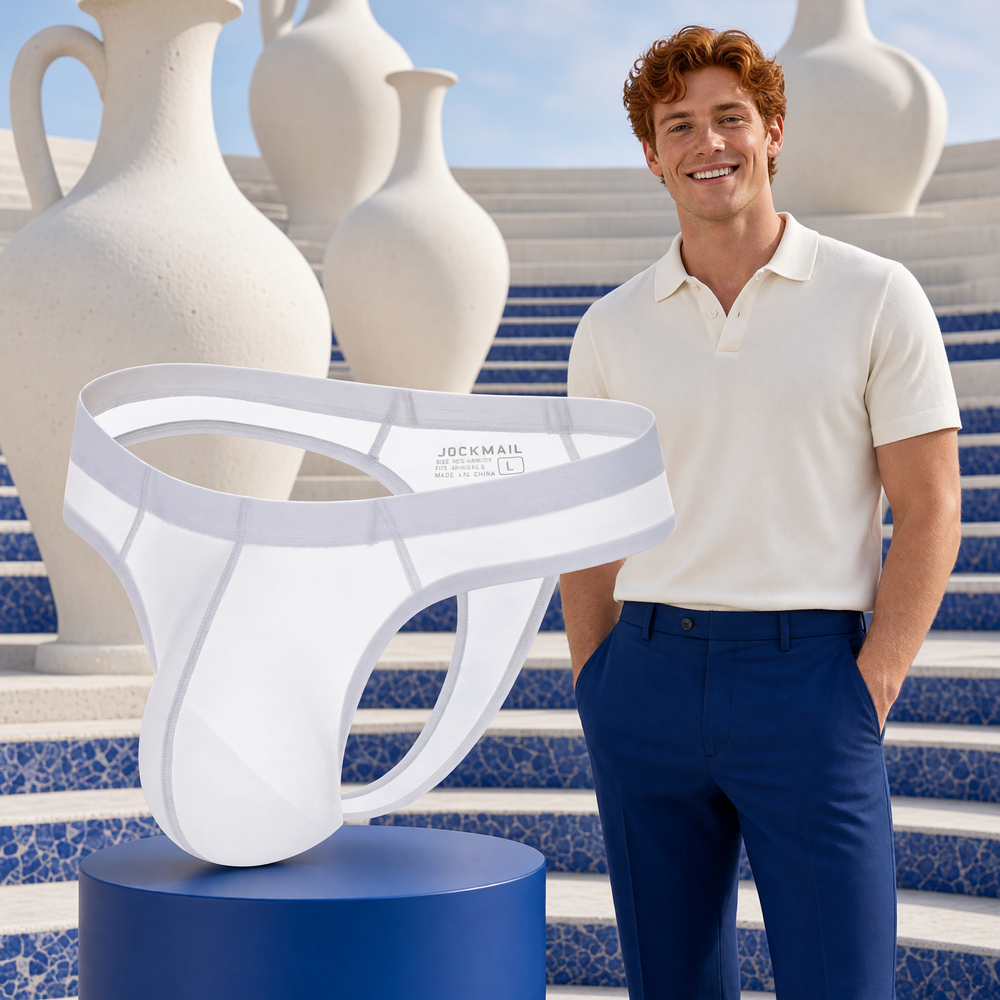 AI-generated stylised product display of Jockmail Ultra-Thin Thong in White, with a fully clothed adult character in a colour-coordinated art gallery