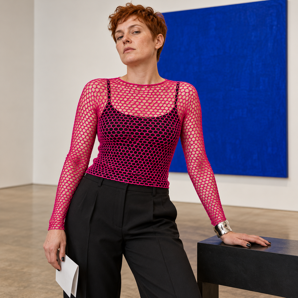 Mystique Long Sleeve Fishnet Tee — square editorial hero, styled campaign image.