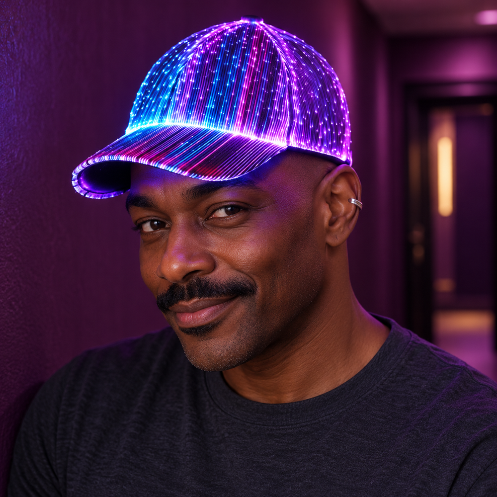 Raver GlowCap LED Fiber Optic Hat — square editorial hero, styled campaign image.