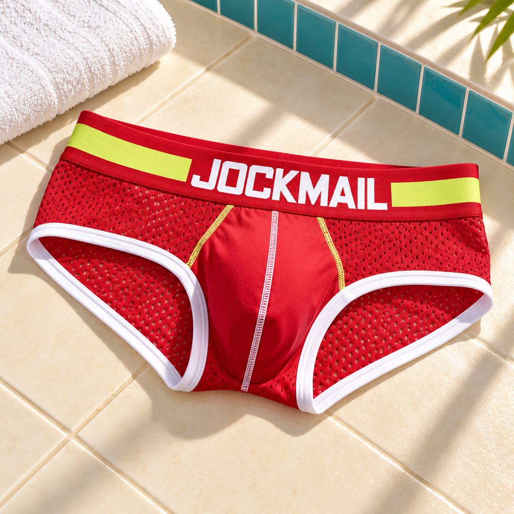 Jockmail Mesh Briefs — square editorial hero, product display.
