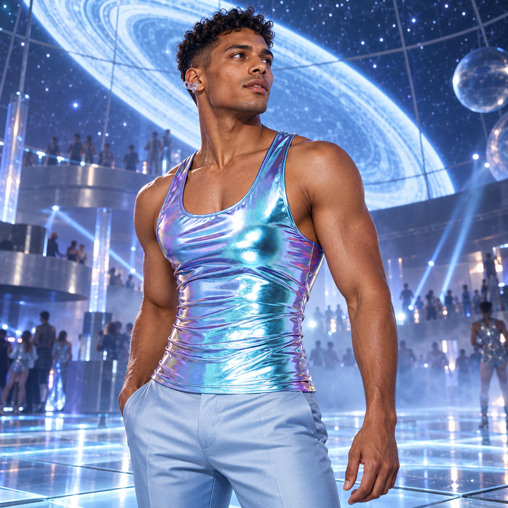 Glam Metallic Rave Top in Light Blue, worn by an adult male model in the Ice Laser Planetarium nightlife fashion concept.