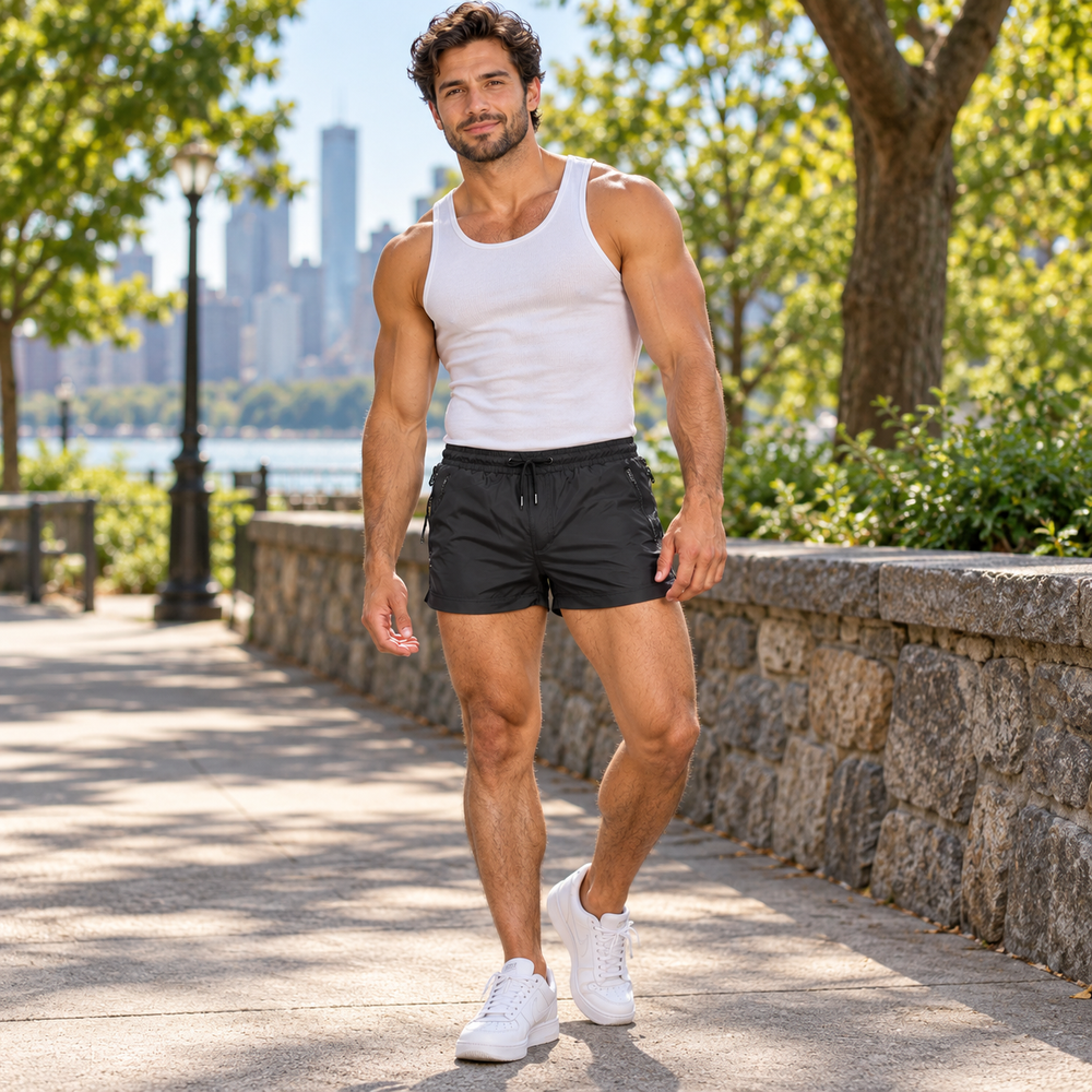 Adult model wearing Men's Shorts With Zip Pockets in Black, photographed in a styled fashion setting.