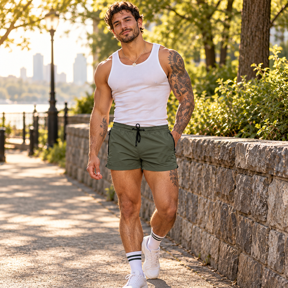 Adult model wearing Men's Shorts With Zip Pockets in Green, photographed in a styled fashion setting.