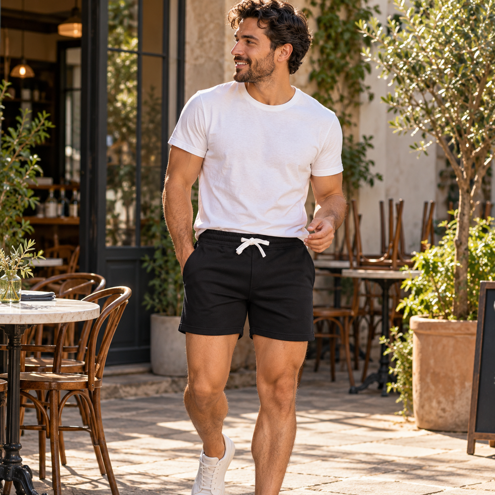 Adult model wearing Keep It Casual 100% Cotton Sports Shorts in Black, photographed in a styled fashion setting.