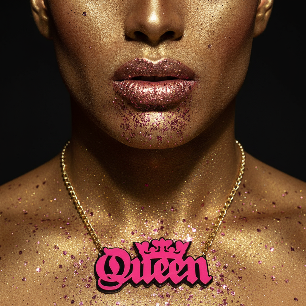 Queen acrylic statement chain necklace worn against a glitter-covered chest