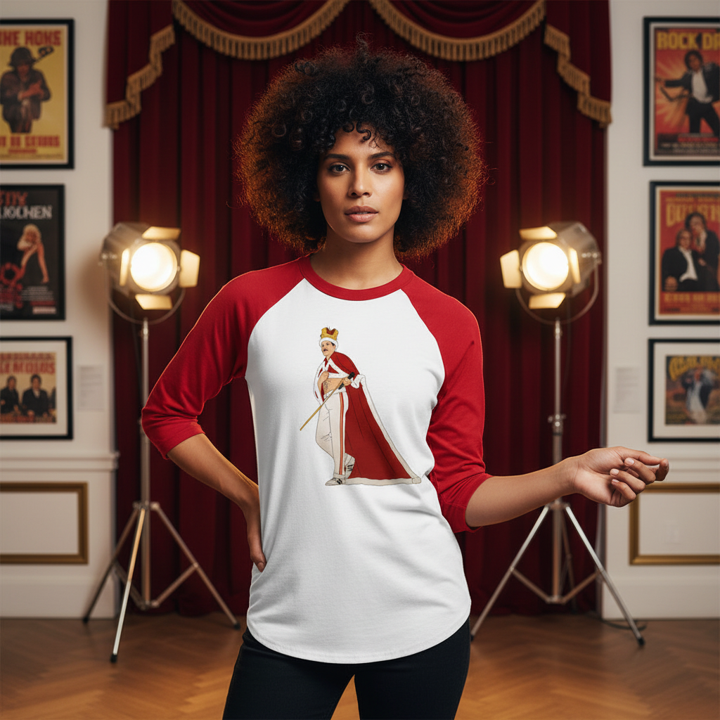 Queen Freddy Mercury 3/4 sleeve raglan shirt, white with red sleeves and a queen graphic