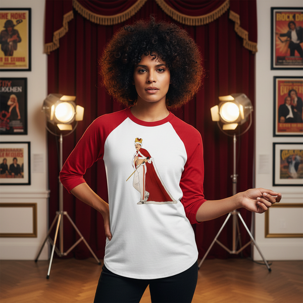 Queen Freddy Mercury 3/4 sleeve raglan shirt, white with red sleeves and a queen graphic