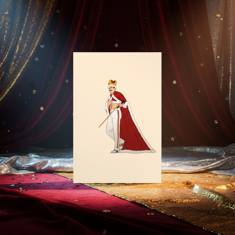 Queen Freddy Mercury postcard featuring the legend in crown, white suit, red cape, and scepter onstage with red curtains