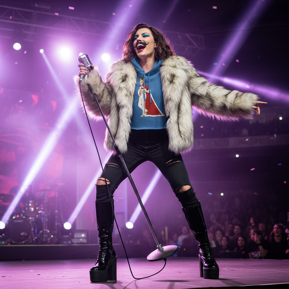 Performer in a blue graphic hoodie and faux-fur coat singing on a purple-lit stage