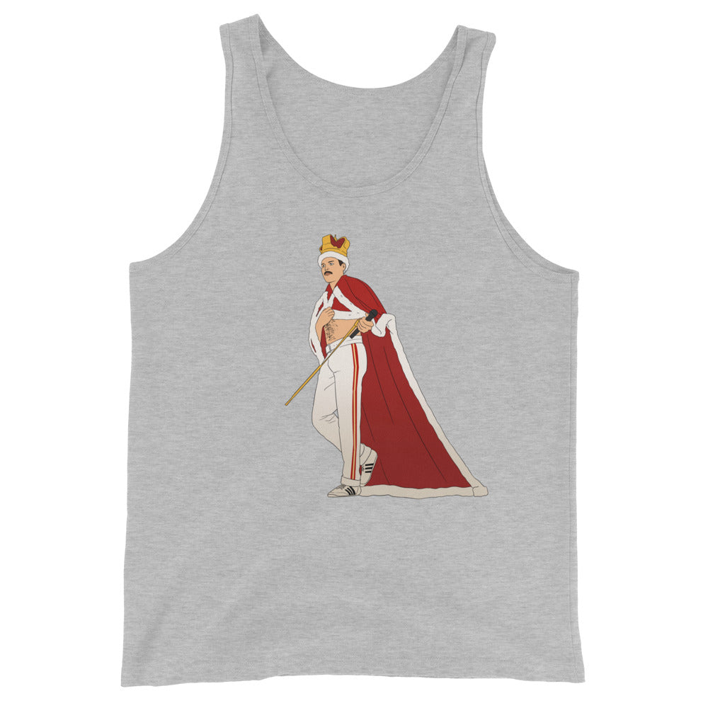 Unisex tank top in gray with an illustration of a mustached guy rocking a crown, red cape, and striped pants