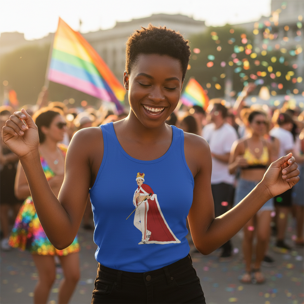 Queen Freddy Mercury Unisex Tank Top worn by a queered-out dancer at Pride, rainbow flags waving, confetti flying