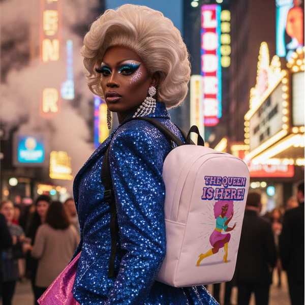 The Queen Is Here Minimalist Backpack, rocking its bold slogan and cartoon queen
