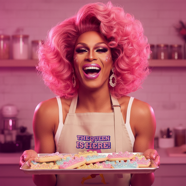 Drag performer in a beige “THE QUEEN IS HERE!” apron holds a tray of iced cookies.