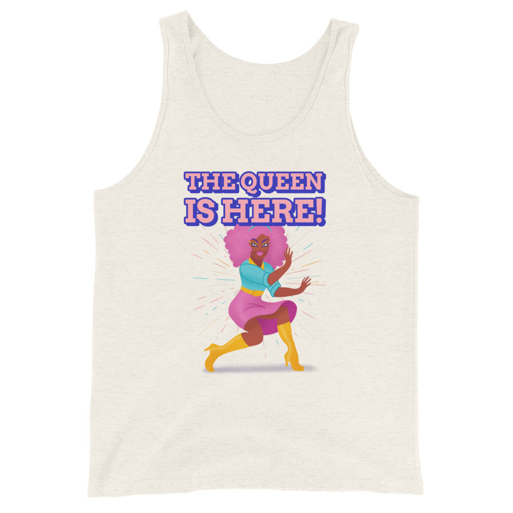 Front view of a cream tank top reading “THE QUEEN IS HERE!” above a colorful dancing woman