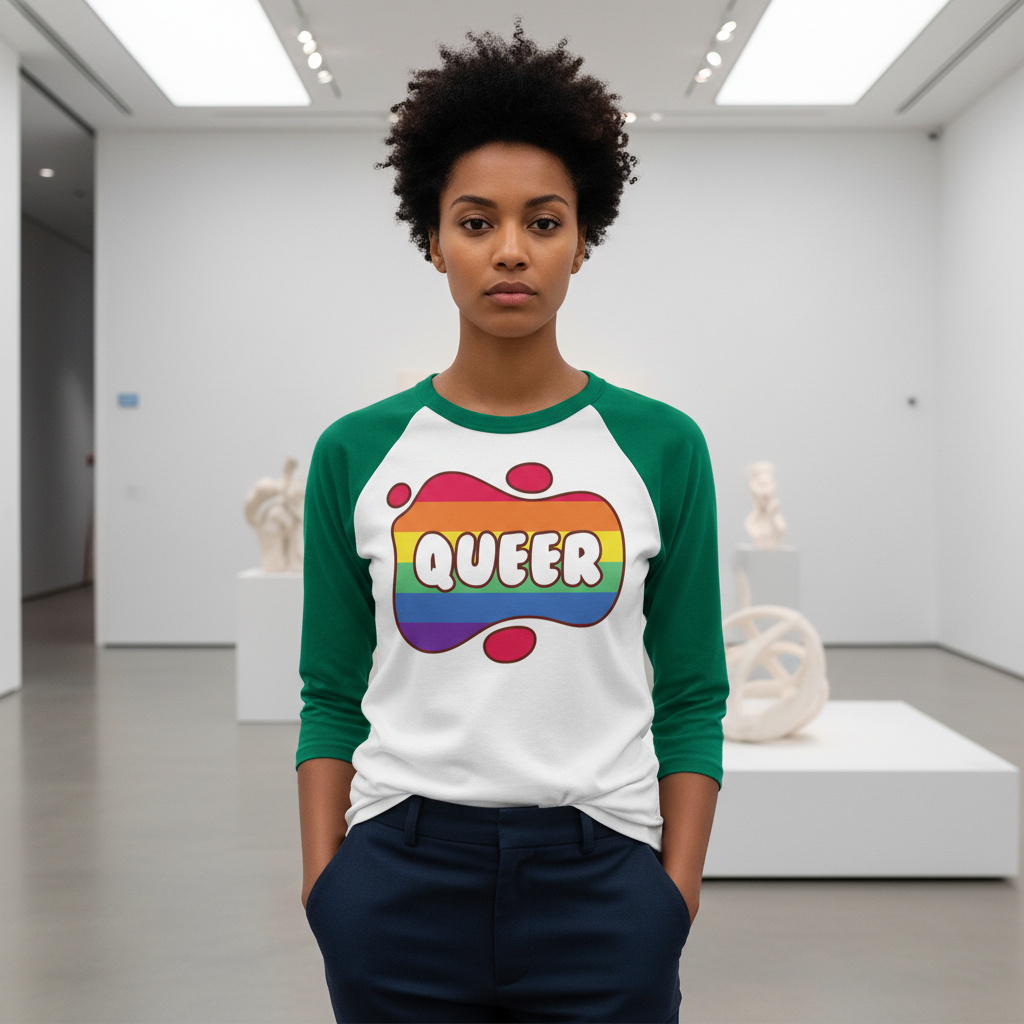 Queer 3/4 sleeve raglan shirt in white and green, bold rainbow "QUEER" graphic