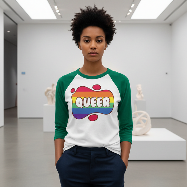 Queer 3/4 sleeve raglan shirt in white and green, bold rainbow 