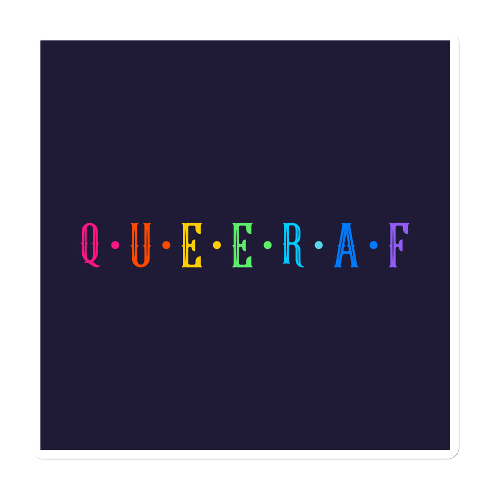 Dark navy rectangular magnet reading “QUEER AF” in colorful letters with matching dots