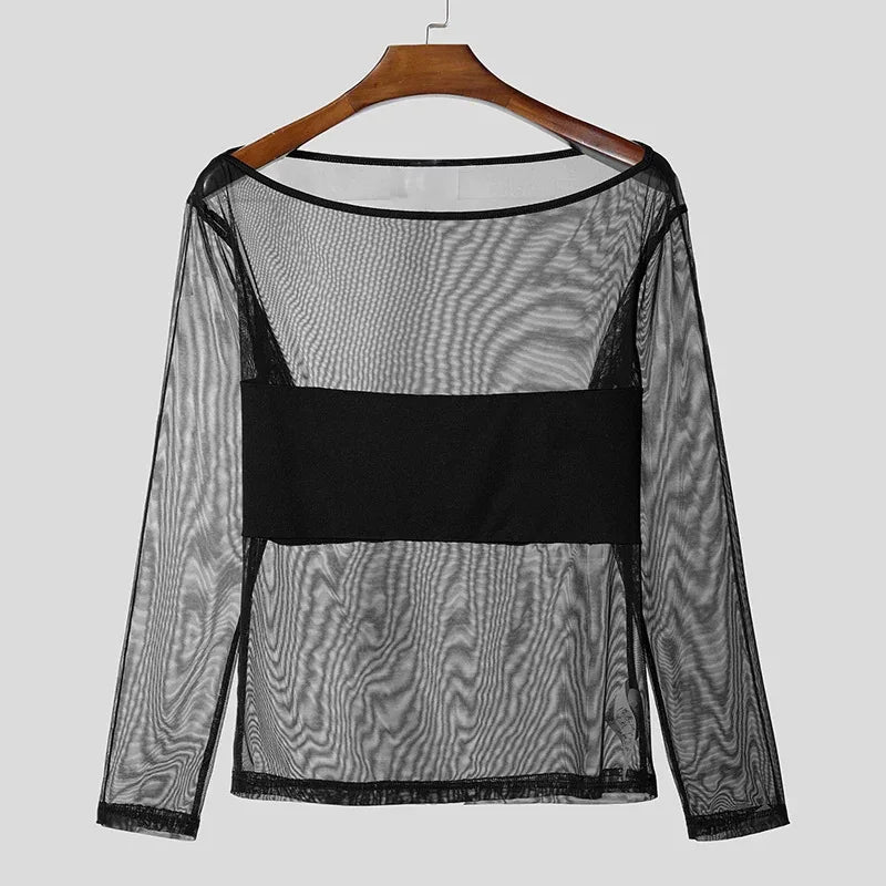 Black sheer long-sleeve mesh top with an opaque chest panel on a wooden hanger