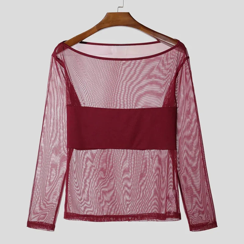 Front view of a burgundy sheer mesh long-sleeve top on a wooden hanger