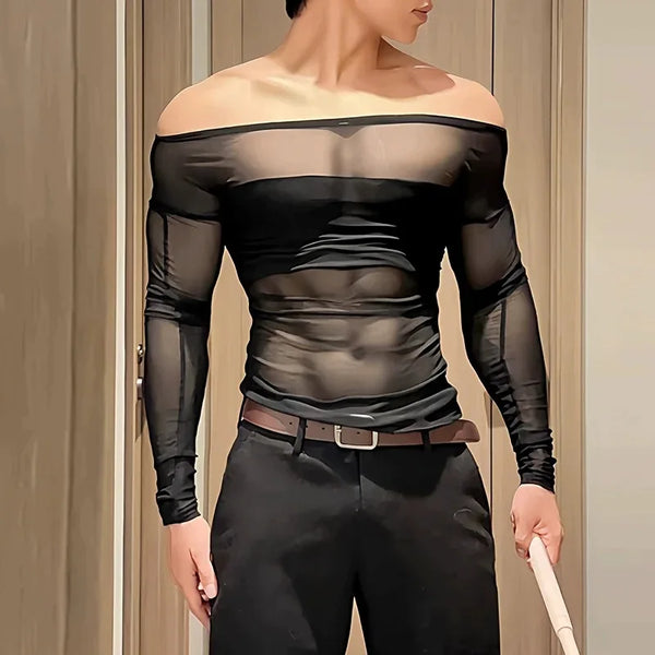 Front-view model wearing a black sheer off-shoulder long-sleeve top over bare skin