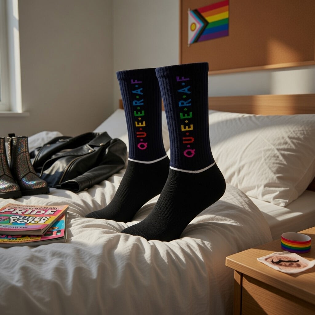 Queer AF socks with rainbow letters on two feet atop a tidy bed; rainbow flag, LGBTQ+ mags, glitter boots, leather jacket