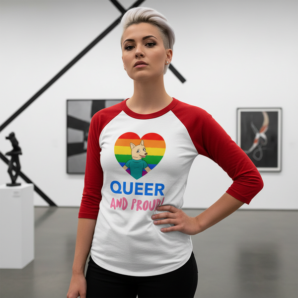 Queer And Proud 3/4 Sleeve Raglan Shirt with dark sleeves, cartoon cat in a rainbow heart, and bold 