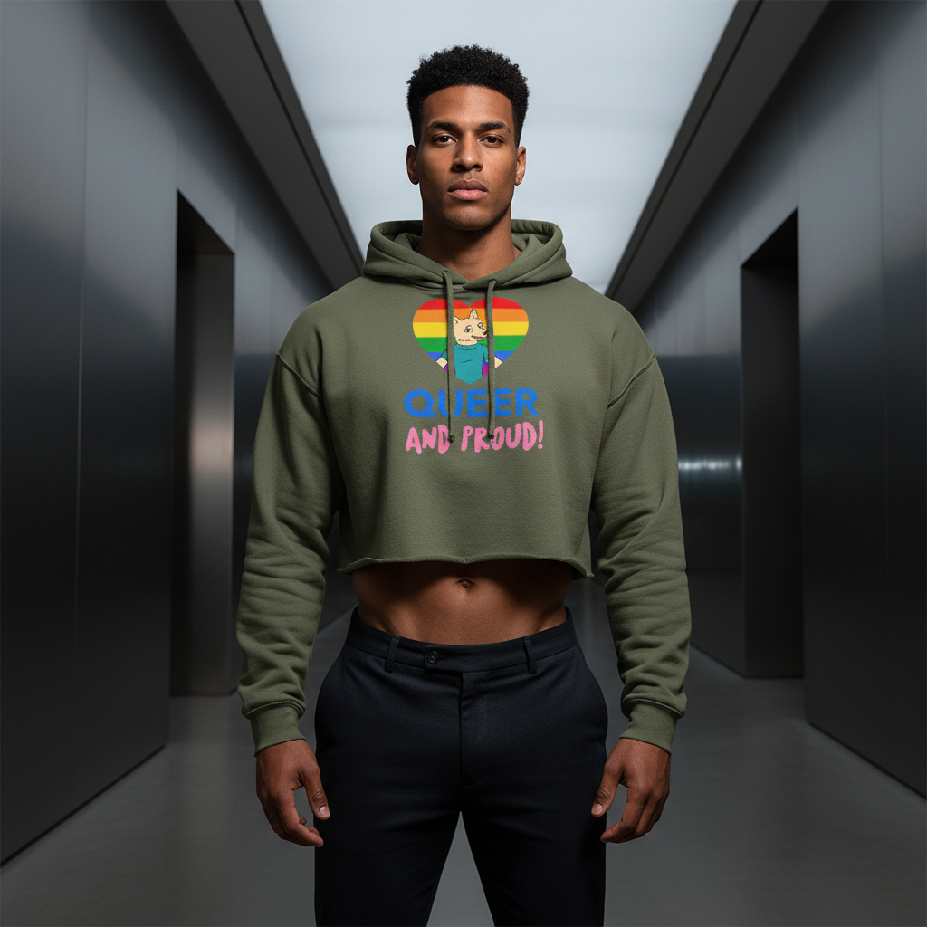 Queer And Proud Crop Hoodie with rainbow heart and cat graphic, worn by a confident person in dark pants; fierce queer style
