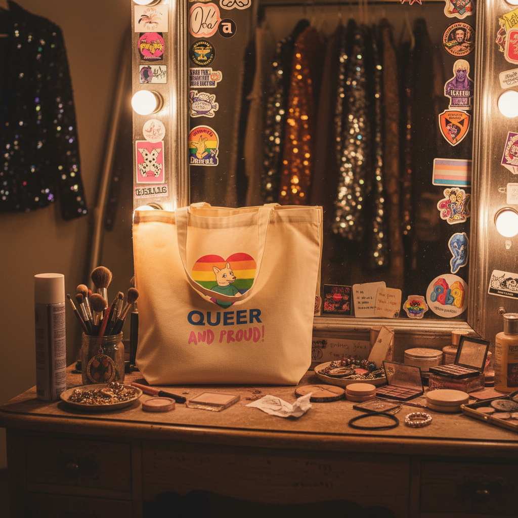 Natural canvas tote reading “QUEER AND PROUD!” with a cartoon dog and rainbow heart on a vanity