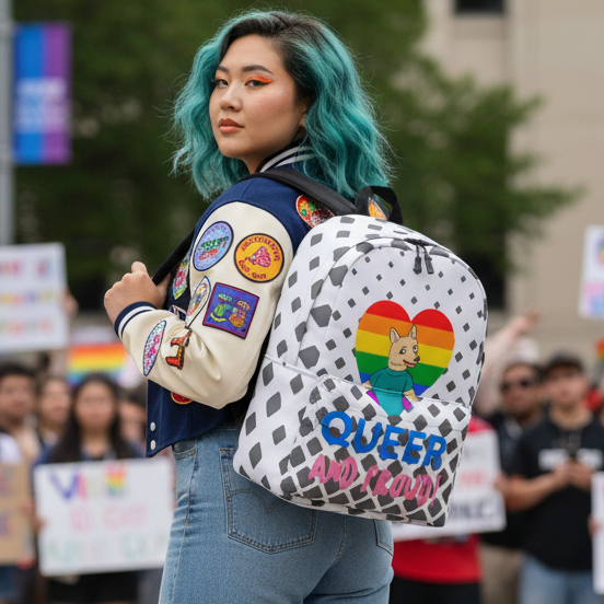 The Queer And Proud Minimalist Backpack, featuring a rainbow heart, carried by a femme with teal hair at a Pride rally.