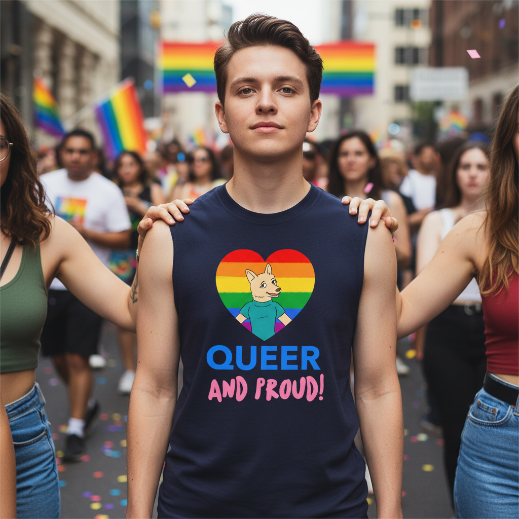 Queer And Proud Muscle Top: relaxed, unisex tank with cartoon cat in a rainbow heart and “QUEER AND PROUD!” at Pride parade